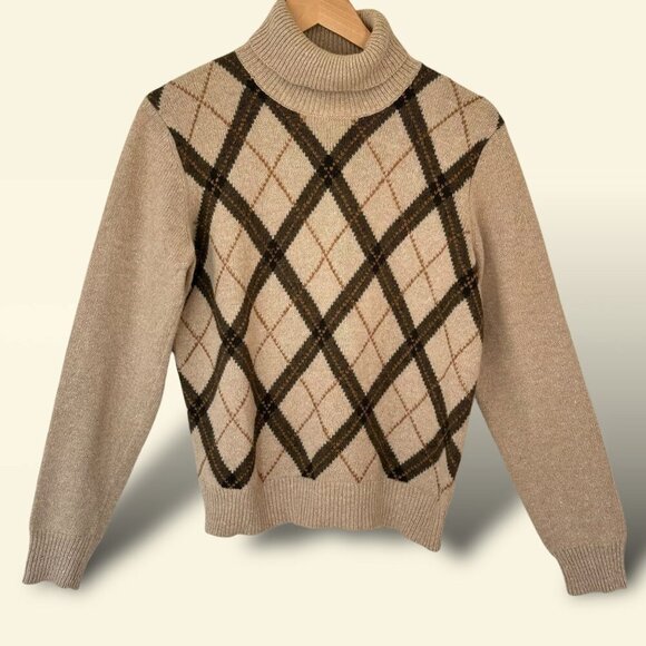 Vintage‎ Evan Picone Sweater Women Large Brown Argyle Angora Blend Turtleneck - Picture 1 of 9